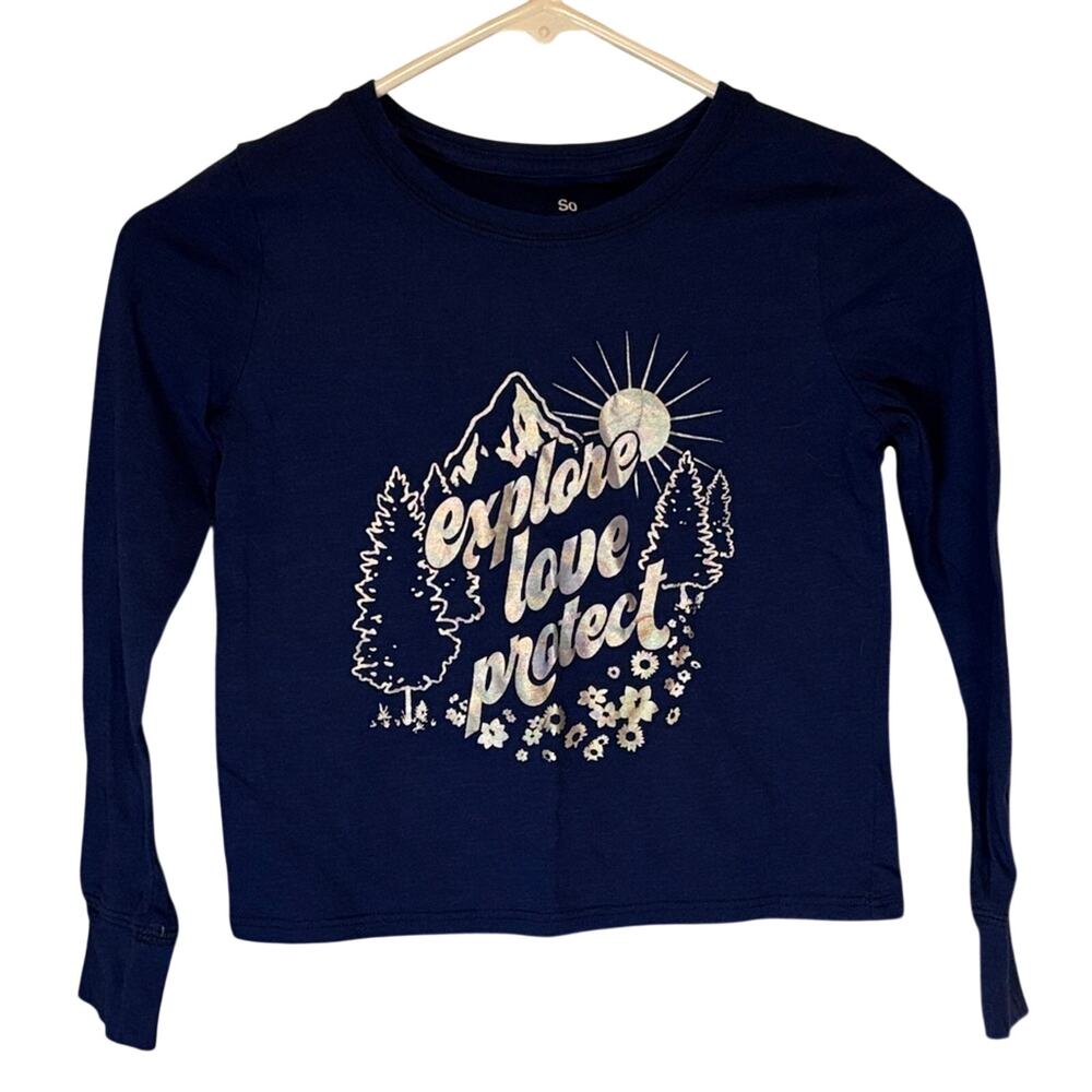 SO Girl’s Dark Blue Explore Love Protect Graphic Long Sleeve Tee Size S (7)
